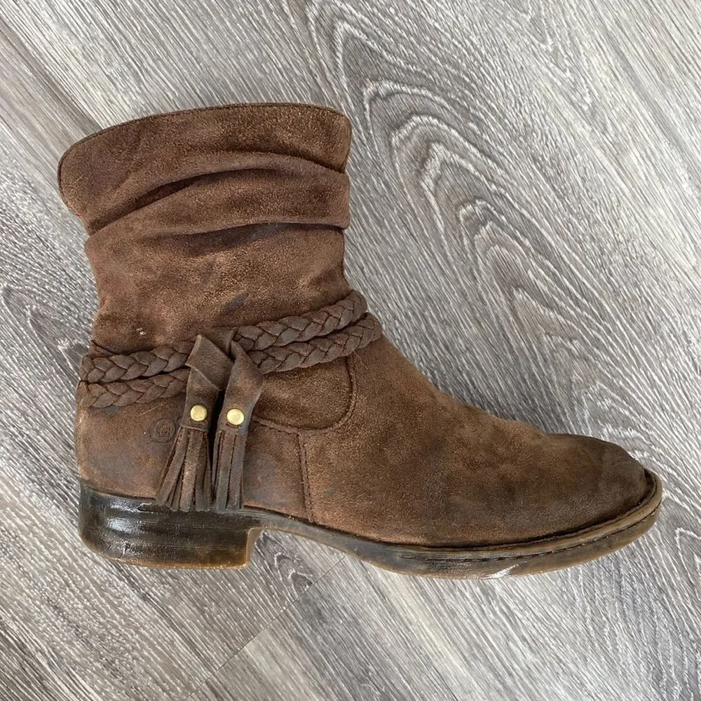 Born Brown Ouvea Leather Ankle Boots Braided Tassels Boho Slouchy sz 8 *Flaw